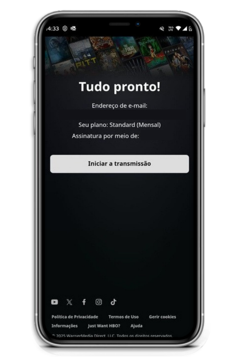 Tela de acesso concluído do HBO Max